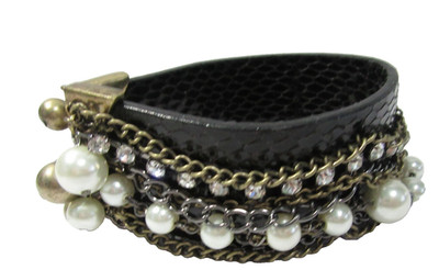Biker Cuff Style Bracelet Chains Faux Pearl Leather Magnetic