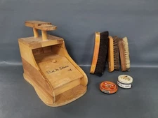 VTG Maple Wood Portable Shoeshine Valet Kit Rise N Shine w/ Horsehair Brushes