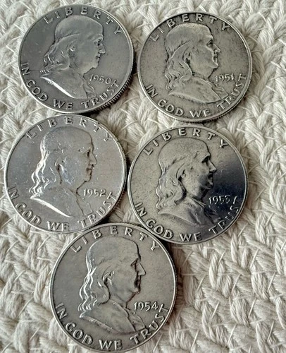 5 •USA Franklin Half Dollars - Consecutive 1950 -1954 (Ungrated Fine) .90 Silver