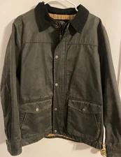 Fat Face Green Waxed Barn Coat w/ Corduroy Collar & Plaid Liner Mens Medium 