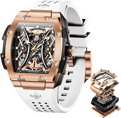 Luxury Men's Skeleton Mechanical Square Watch with Calendar - Self-Wind