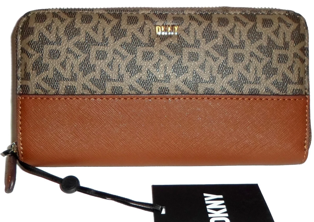 DKNY Vela Monogram Brown Saffiano Leather Zip-Around Clutch Wallet NWT |  eBay