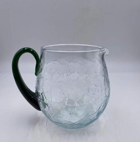 Vintage Blenko Clear Crackle Glass 5.5" Pitcher Green Glass Handle