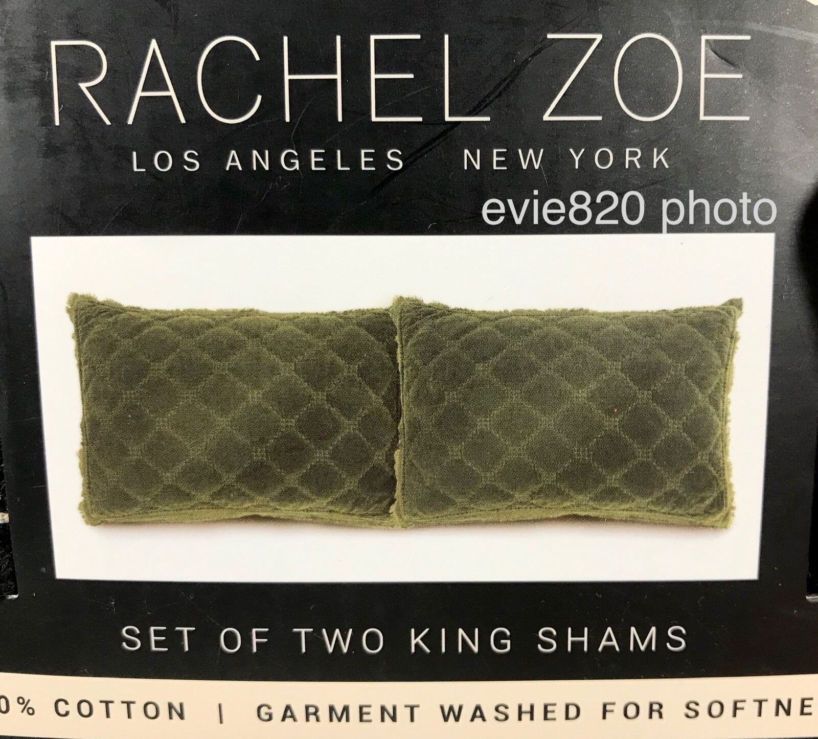 (2) Rachel Zoe OLIVE GREEN VELVET DIAMOND QUILTED / FRINGED Shams Set