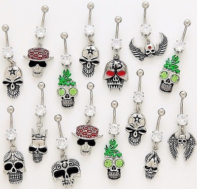 10 CZ Dangle Belly Button Rings 14g Wholesale Gemstone Body Jewelry Navel Skulls