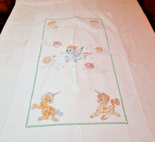 Vintage Cross Stich Baby Crib Quilt Unicorns Angels 54" x 33" Cotton Fabric