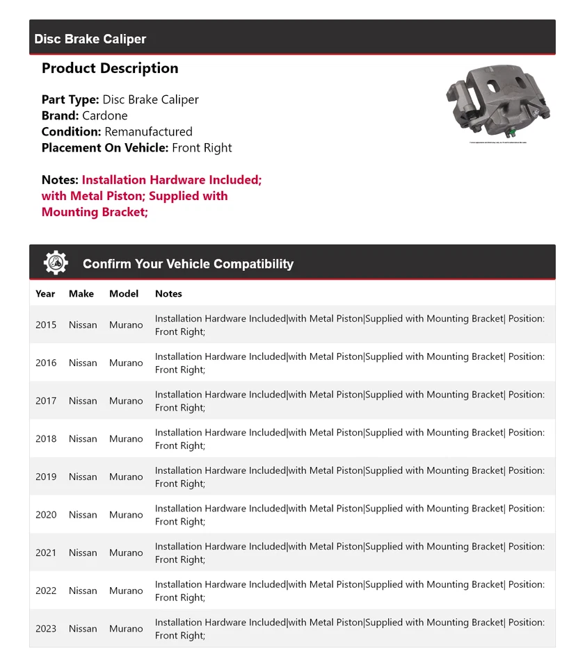 Pinza de freno de disco delantera derecha Cardone 2016 2017 para Nissan Murano 2015-2023 Foto 2 de 4