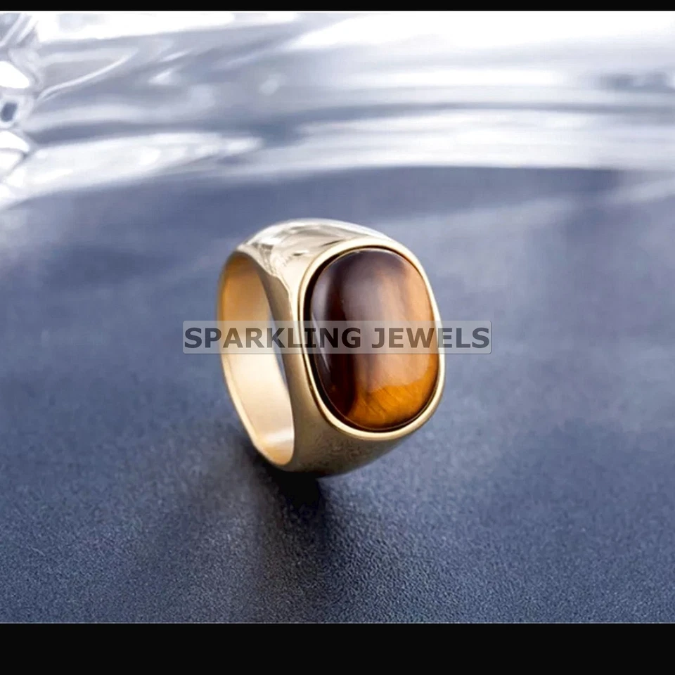 Lustrous Tiger's Eye Oval Cut With 925 Silver Gold Plated Ring For Men #C377 - Image 3 of 4