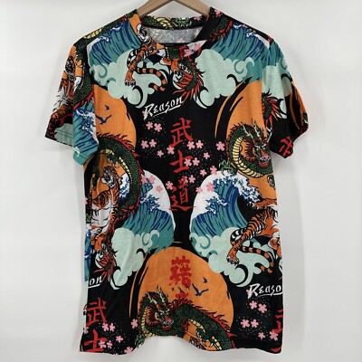 Men's REASON CLOTHING Asian Dragon Tiger AOP Button-up Shirt sz Medium 