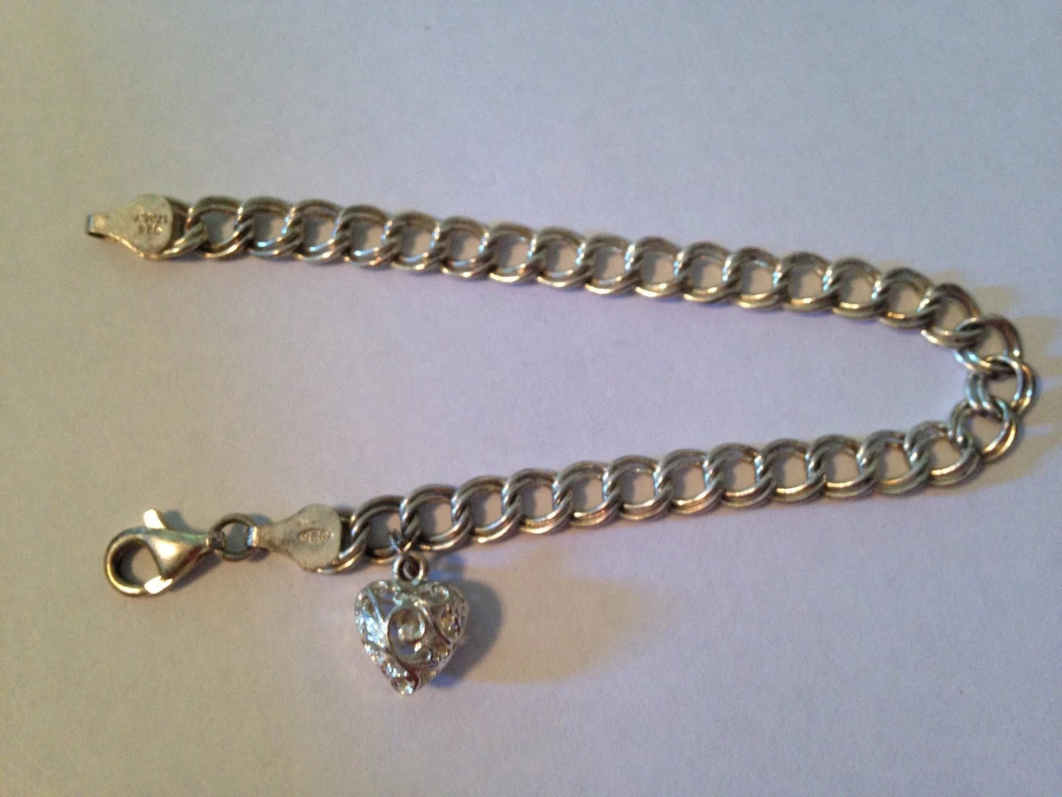 Vintage Italy Italian Sterling Silver Puffy Filigree Heart Charm Link Bracelet