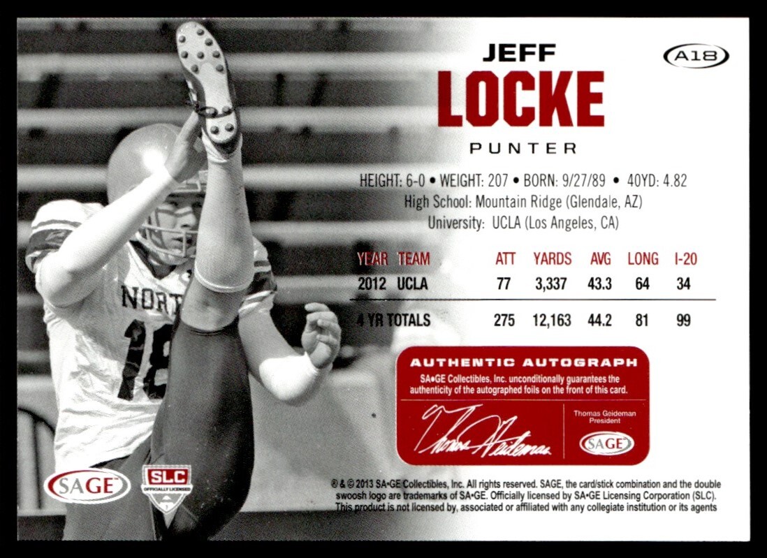 2013 SAGE HIT Autographs Silver Jeff Locke Rookie Auto UCLA Bruins #A18 ...