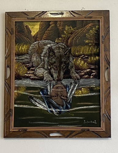 Sanchez Black Velvet Painting Wolf Native American Woman Reflection wood frame - Picture 4 of 16
