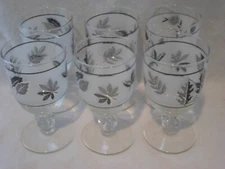 Set of 6 Vintage Libby Silver Foliage Leaf Stemmed Glasses Frosted            S4