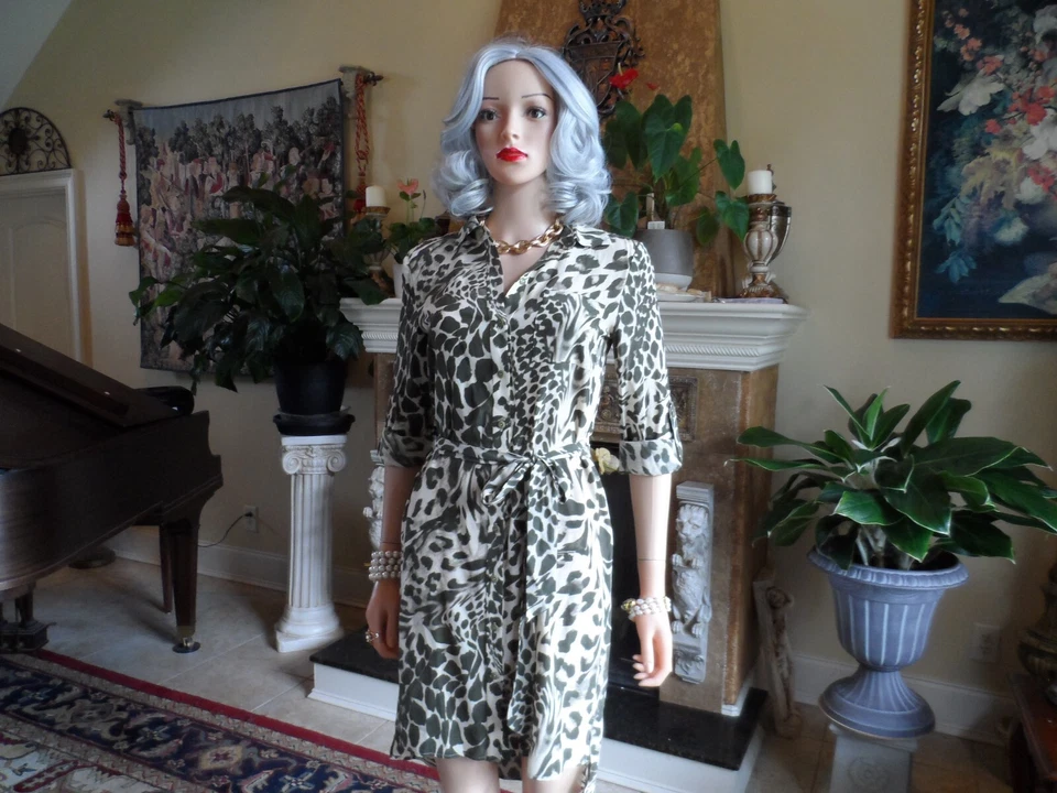 Vestido Camisa Diane Von Furstenberg 100% Seda Verde Salvia/Crema Estampado Talla 0 Foto 3 de 4