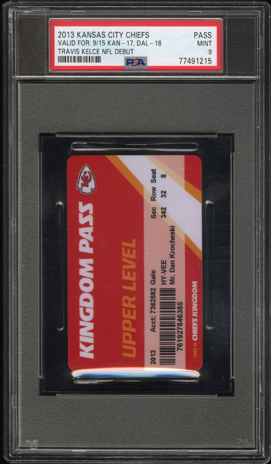 Chiefs Travis Kelce NFL Debut Season PSA Ticket Stub Card Pass Badge 9/15/2013 view 1