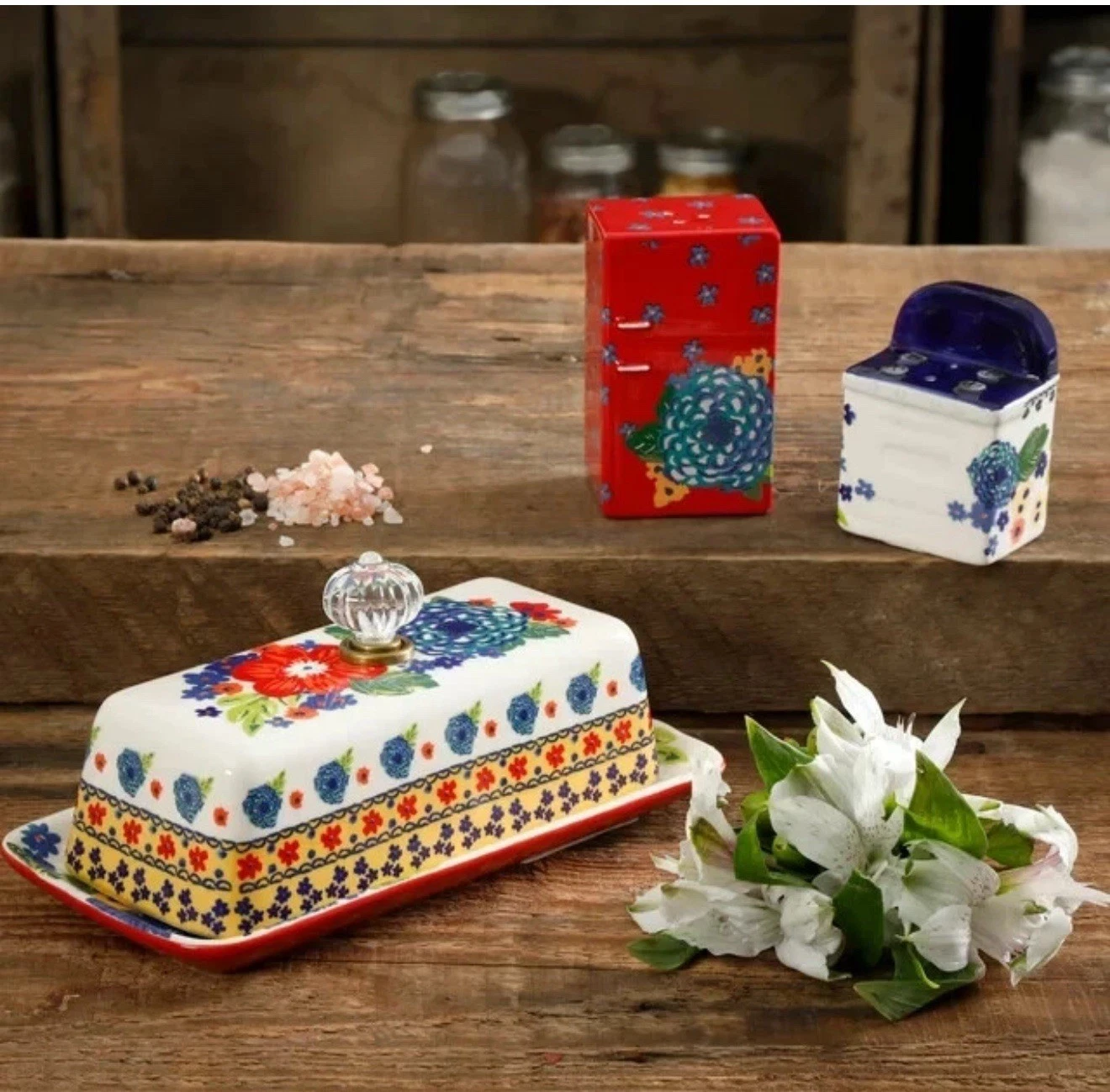 Pioneer Woman Dazzling Dahlias Butter Dish Salt & Pepper Set 4Pc Floral Ceramic