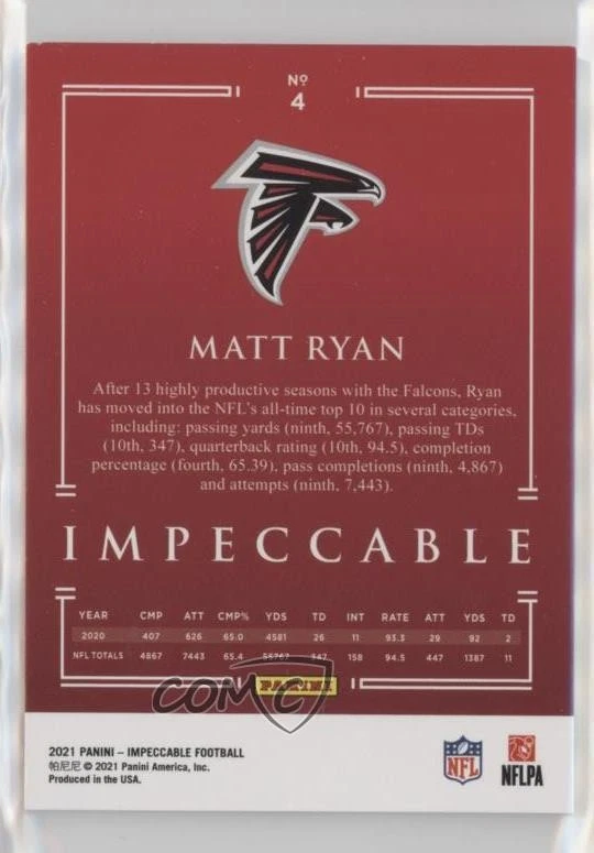 2021 Panini Impeccable Bronze /35 Matt Ryan #4 - Image 2 of 2