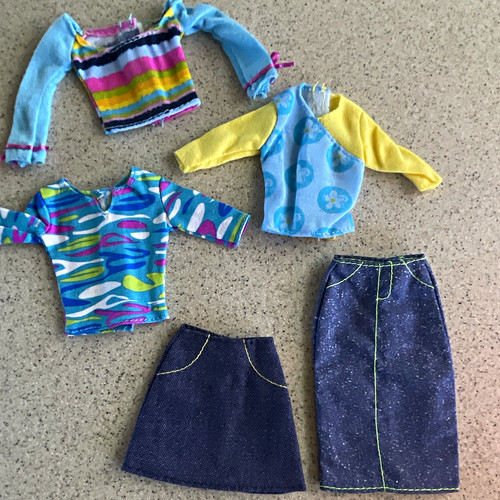 Barbie Casual Clothing Lot 5pc Multicolor Tops & Denim Skirts 11in