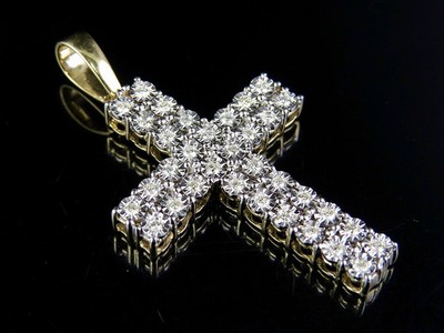 10K Yellow Gold Genuine Diamond Two Row Miracle Set Cross Pendant 1/2 Ct 1.75''