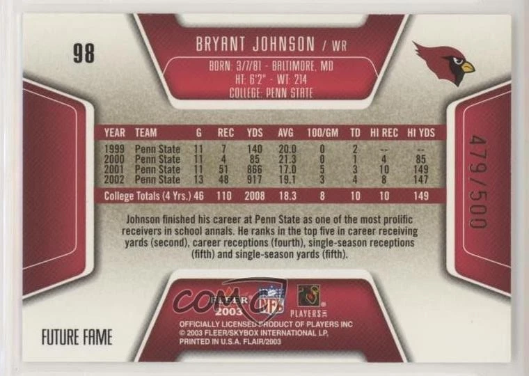 2003 Flair Future Fame /500 Bryant Johnson #98 Rookie RC - Image 2 of 2