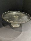 Jeanette Glass Co. Lyre & Harp Scroll Pattern Pedestal Cake Plate Stand Vntg 10”