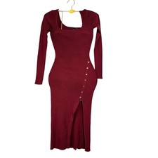 Windsor Ribbed Square Neck Long Sleeve Button Slit Maxi Dress Burgundy Size S