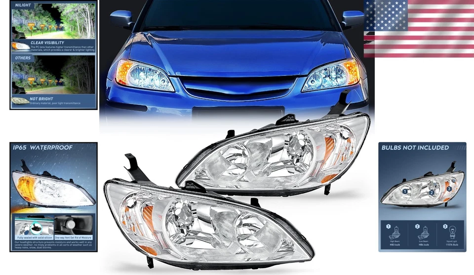 2004-2005 Honda Civic Halogen Headlight Assembly with Clear Lens - Easy Install Foto 2 de 4