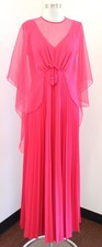 Vtg 70s Dress Womens 14 M ? Pink Chiffon Pleated Maxi Cape Overlay Formal Gown