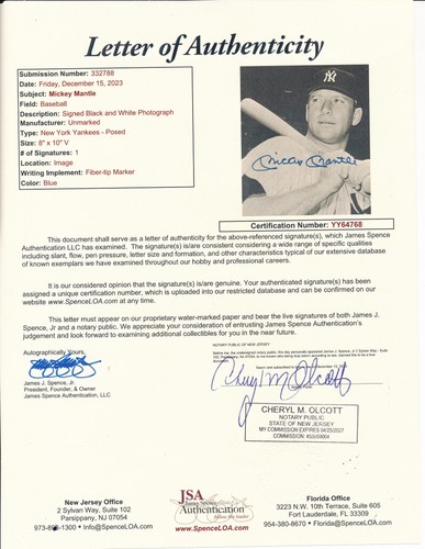 Mickey Mantle HOF Signed/Autographed 8x10 B/W Photo NY Yankees JSA 190284 - Picture 3 of 3