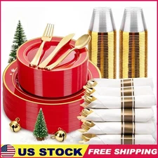 Christmas Dinnerware Set 25 Guests Red Plastic Plates Gold Cutlery Napkins Cups