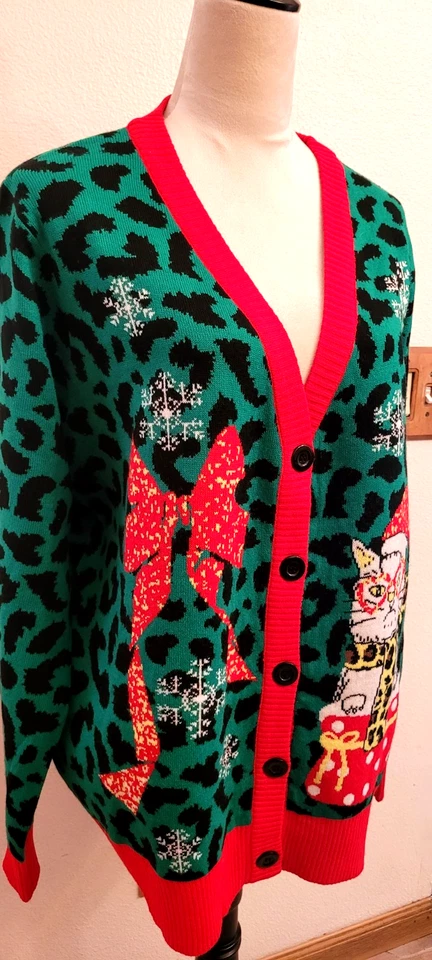 Cárdigan de Navidad Botones 2XL Gato Guepardo Feo Animal Estampado Suéter Cuello en V Foto 3 de 4