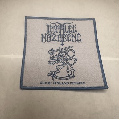 IMPALED NAZARENE, SUOMI FINLAND PERKELE, 4X4 INCHES, BLUE BORDER, WOVEN PATCH