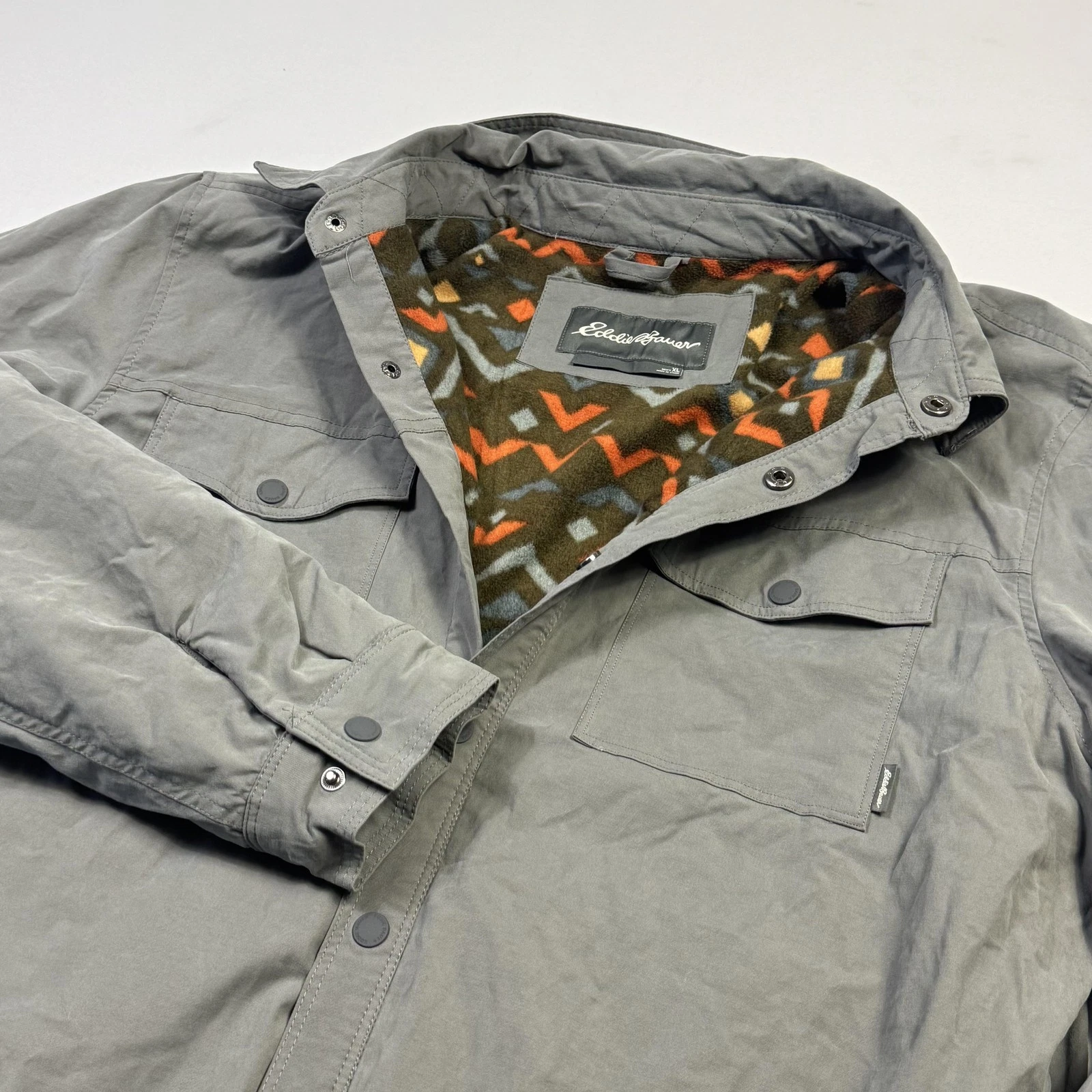 Eddie Bauer Jacket Mens XL Gray Aztec Fleece Lined Snap Shirt Shacket Outdoor