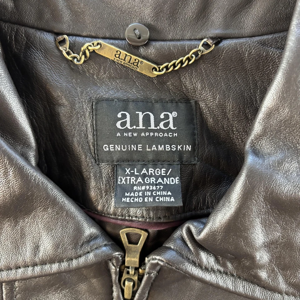 a.n.a Chaqueta de Cuero para Mujer XL Marrón Piel de Cordero Genuina Cremallera Bolsillos Frontales Hebilla Foto 2 de 4