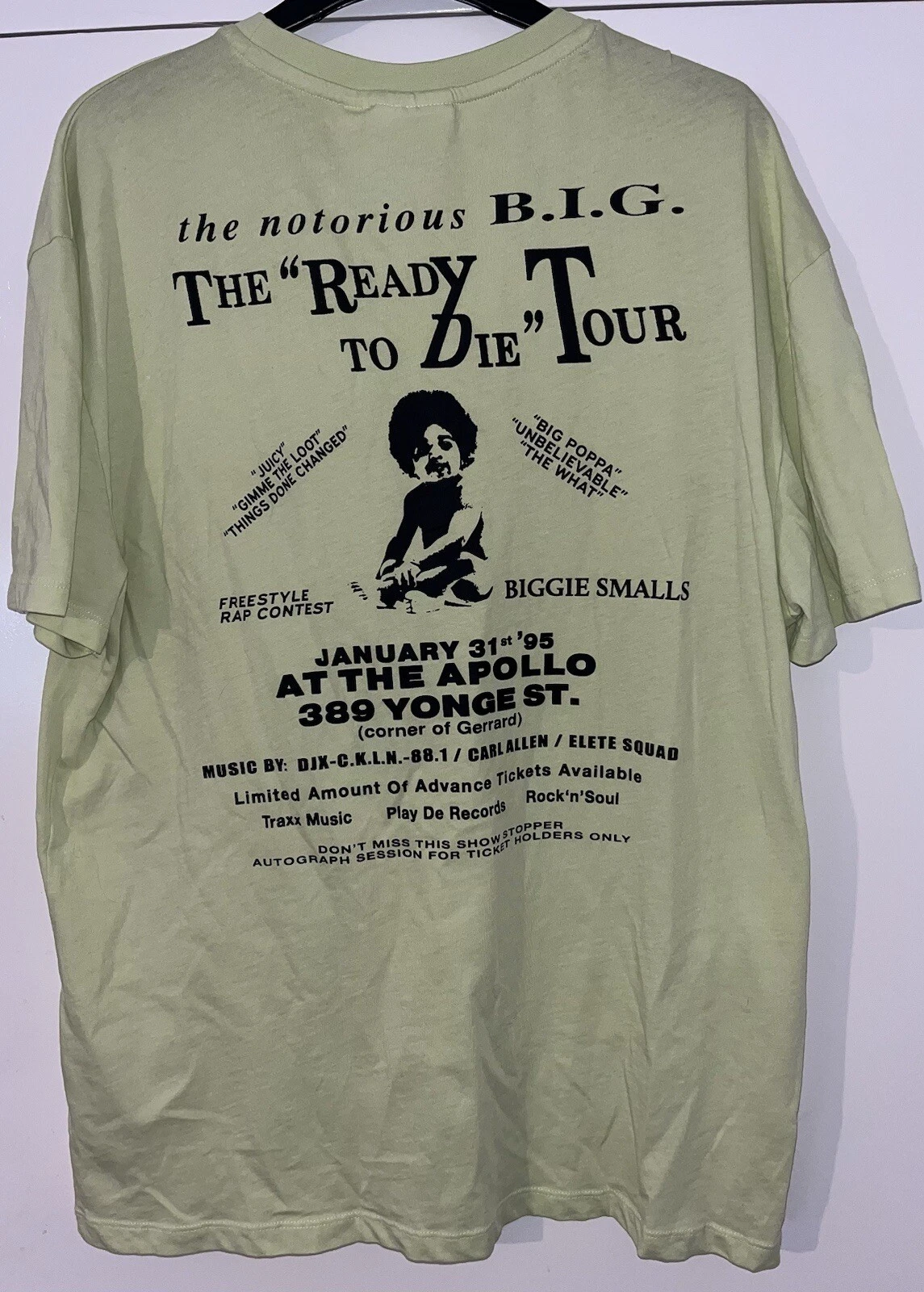 Notorious BIG T-Shirt, Neon Green, Small, Front & Back Graphic Print Tee