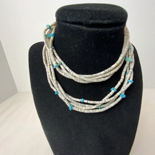 VTG Santo Domingo Native American Turquoise Chunk Shell Silver 4 Strand Necklace