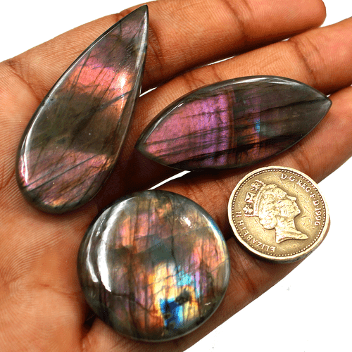3 Pcs Natural Labradorite Multi Purple Fire 33-53mm Cabochon Loose Gemstones Lot - Picture 2 of 10