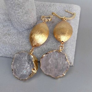 Authentic Clear Quartz Rough Raw Coin Shape Gold Plated Brushed Bead Dangle Stud Earrings