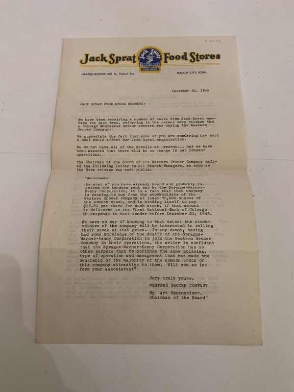 1943 Jack Sprat Food Stores Mason City Iowa Letter on Letterhead