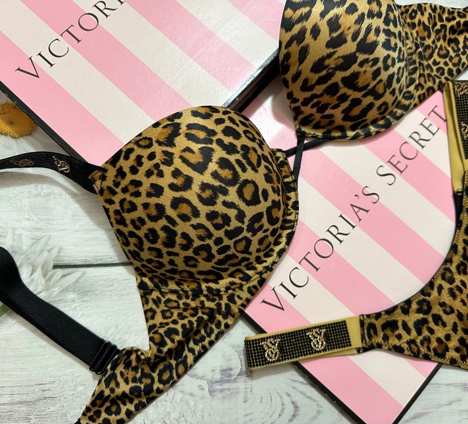 Victoria's Secret Shine Strap Bombshell +2 cups Push Up Bra Thong Set Leopard - Image 3 of 4