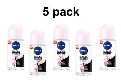 5 x  Womens roll-on deodorant NIVEA BLACK&WHITE CLEAR  1.7 fl.oz / 50 ml
