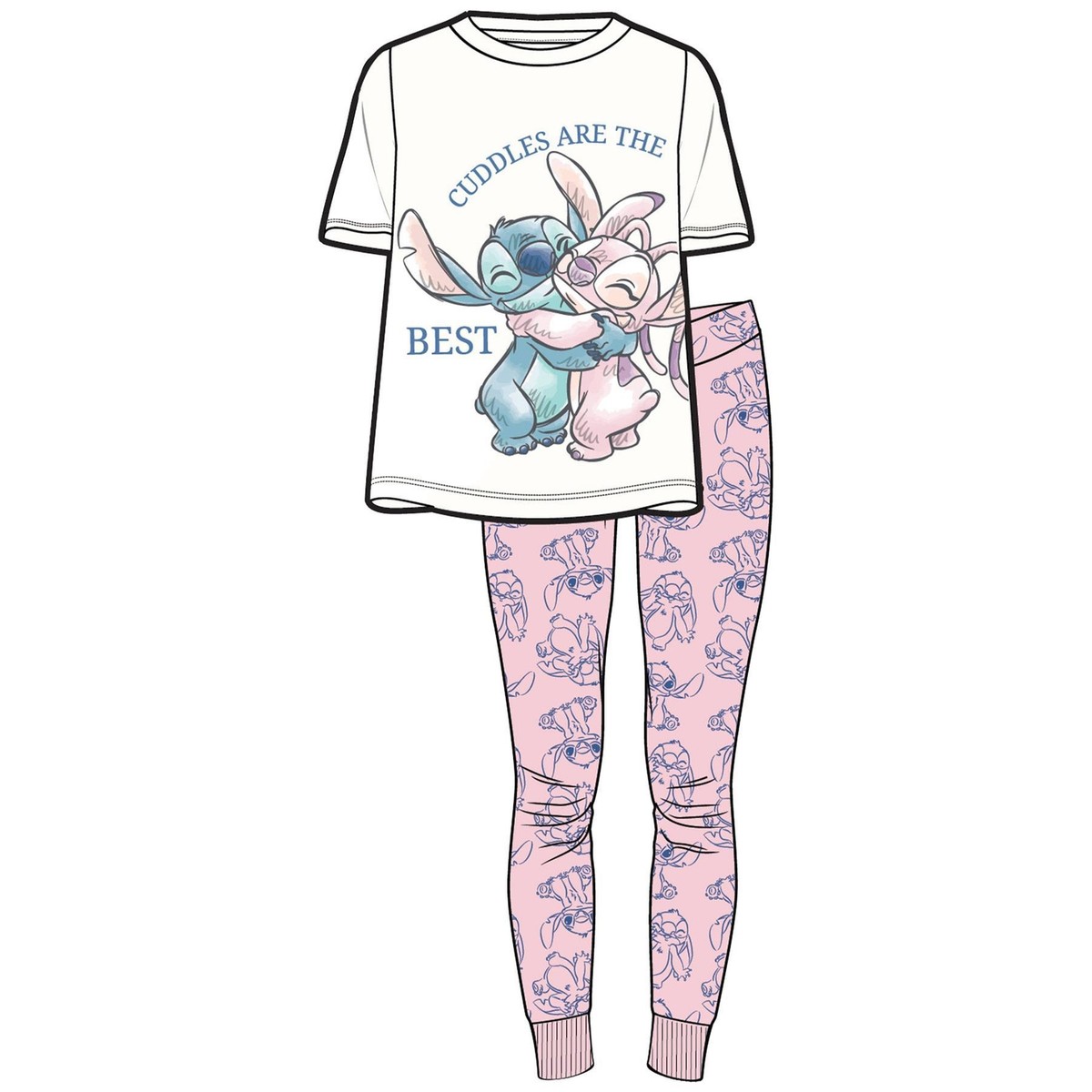 Disney Ladies Stitch And Angel Pyjamas Set 100% Cotton Sleepwear Sizes 8-22