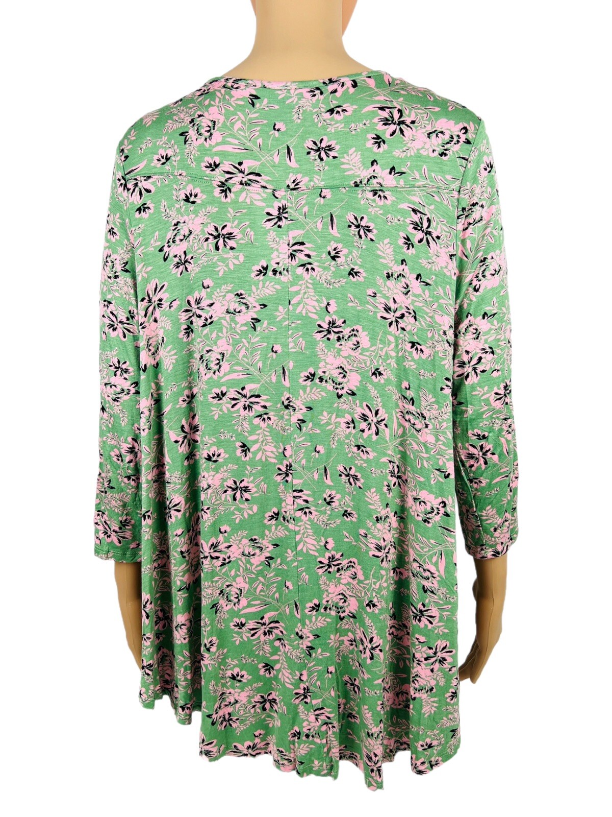 Joan Vass Womens Top Green Floral Pink 3/4 Sleeve Rayon Stretch Flare NWT $48