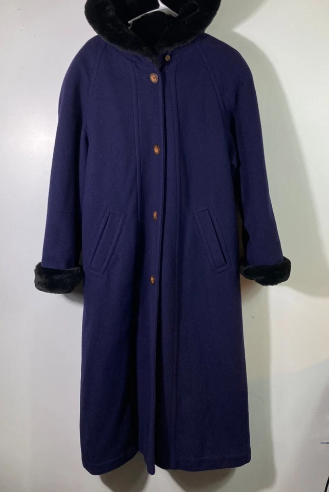 Maxi abrigo con capucha de alpaca de lana de frijol LL vintage para mujer ribete de piel púrpura pequeño regular