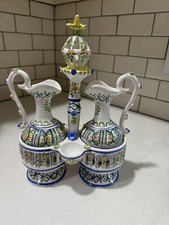 Vtg Manises Majolica Spain Jose Gimeno Martinez Oil/Vinegar Cruet Set Server