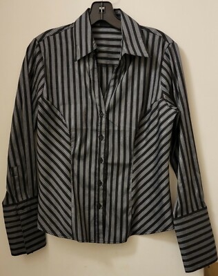 Women's Stretch Elegant Button Down Blouse V Neck Black & Silver Stripes Size...