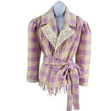 Loveshackfancy New Dumont Lilac Plaid Lace Fringe Wool Puff Sleeve Jacket Size S