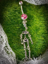 Skeleton Dangle Belly Ring Navel Piercing Pierced Naval Pink CZ Gem