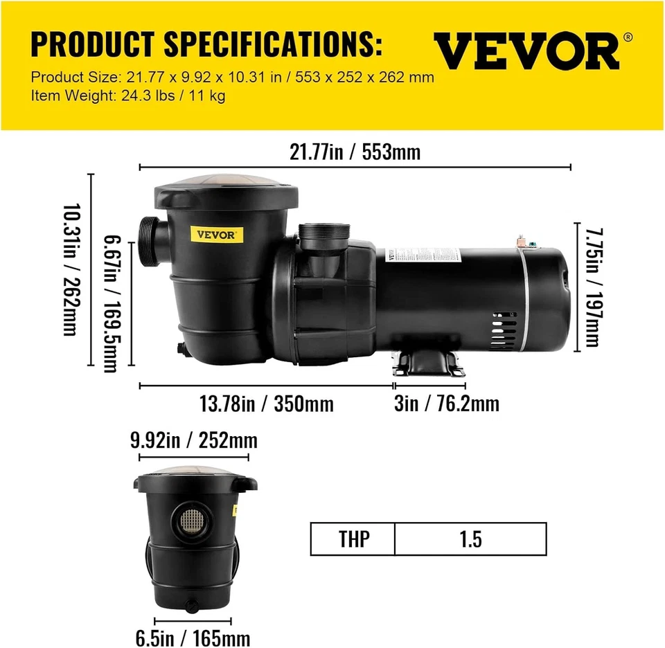 VEVOR Pool Pump Aboveground 1.5HP 115V, Single Speed, 5280GPH 1100W Powerful S - Image 3 of 4