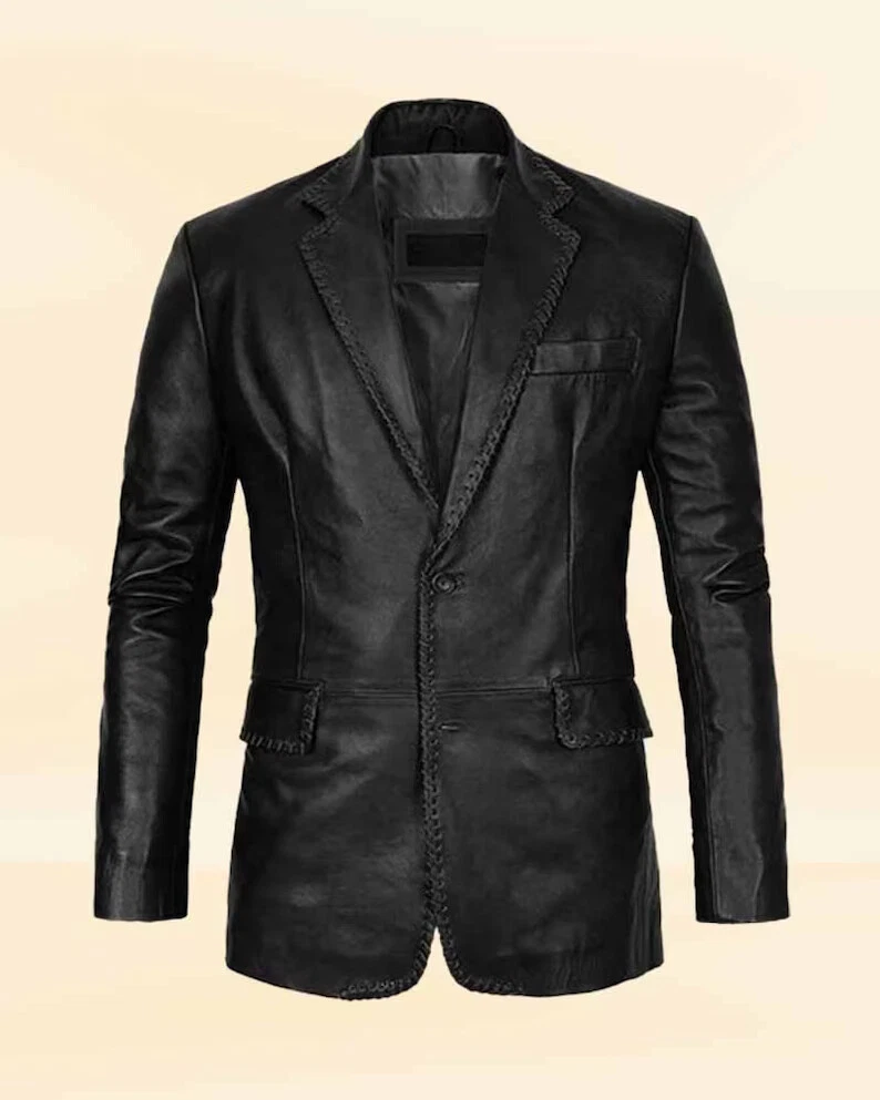 Authentic Men's Black Leather Blazer Pure Lambskin 2 Button Coat MEDIEVAL blazer